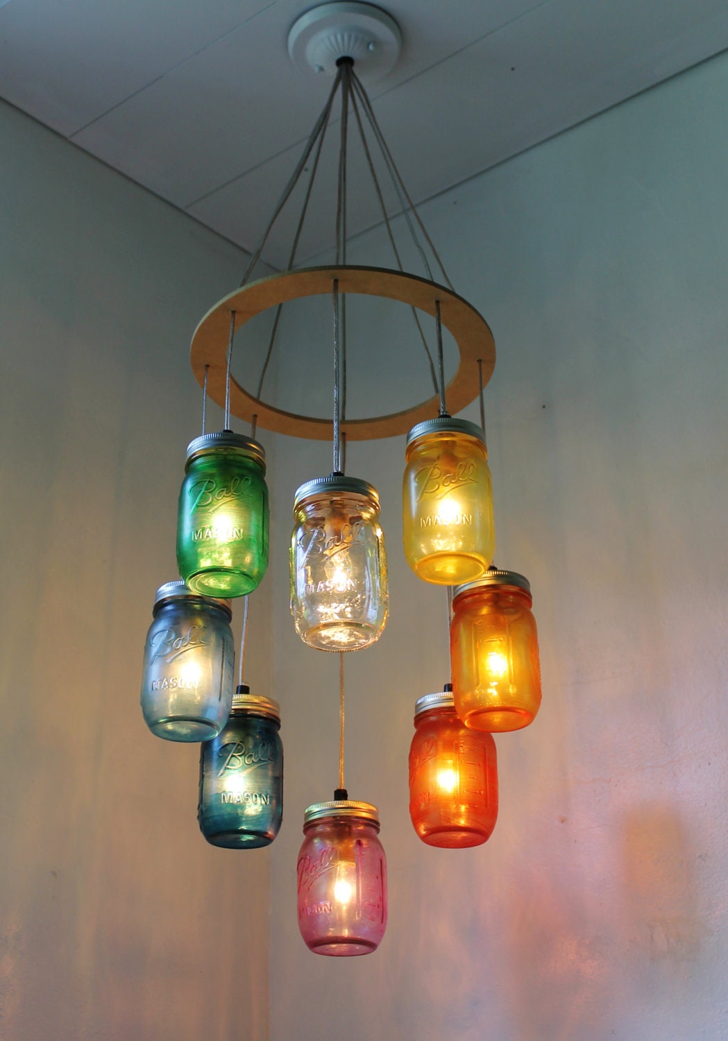 RAINBOW Heart - Shaped Mason Jar Chandelier - Rustic Hanging Pendant Lighting Fixture - Direct Hardwire - BootsNGus Lamp Design