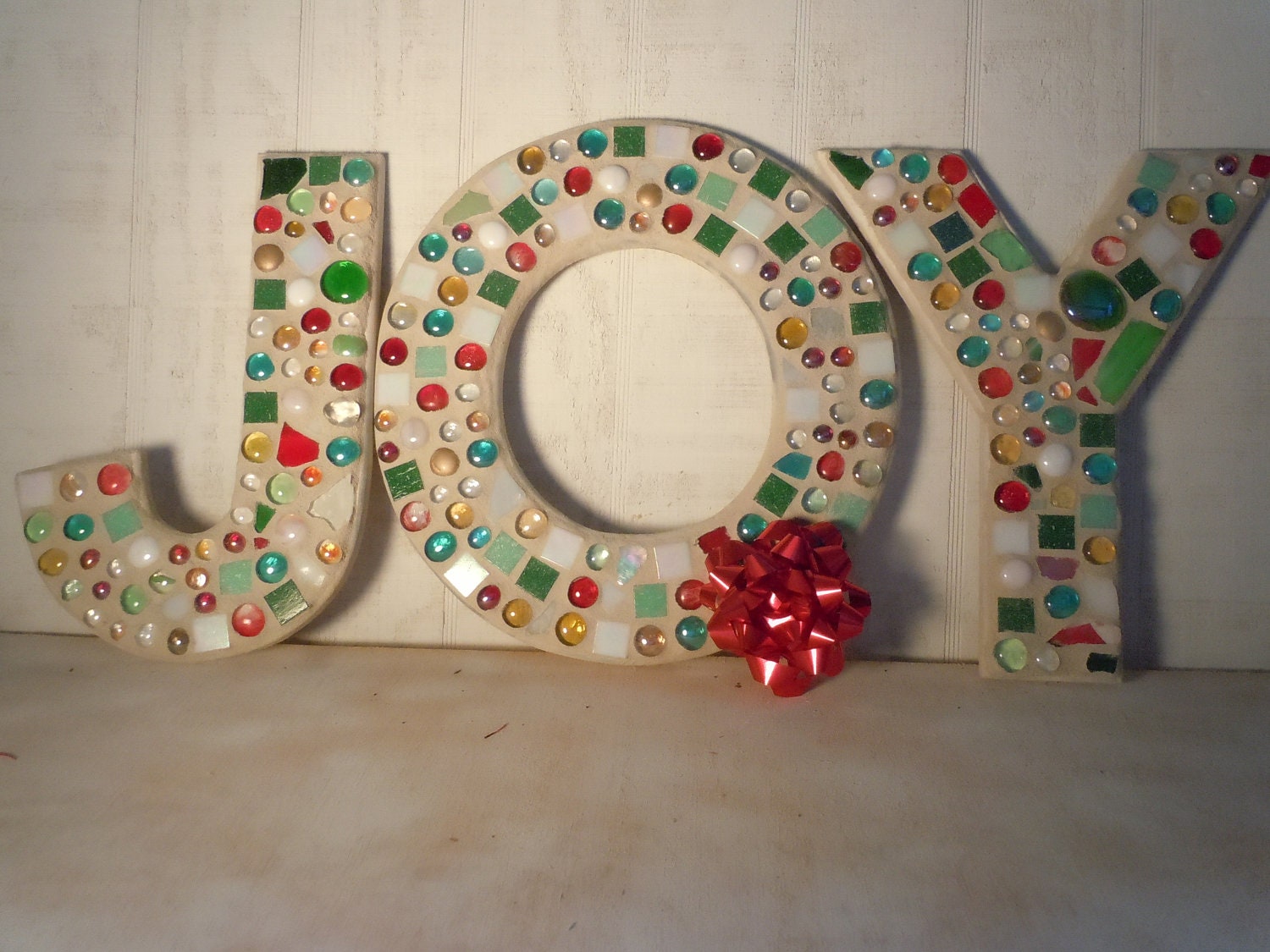 JOY - Large Mosaic Letters In Array of Christmas Colors OOAK