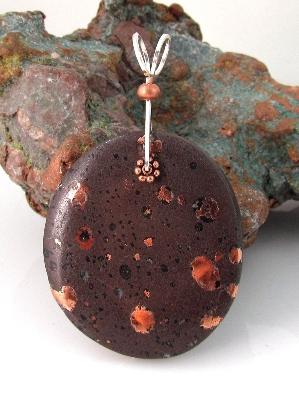 Unique native copper ore pendant with sterling silver