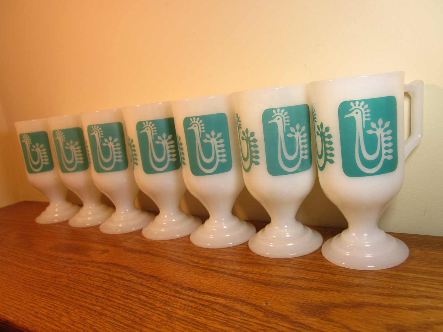 Vintage Mid Century Modern Pedestal Turquoise Motif Coffee Latte Mugs 1960s