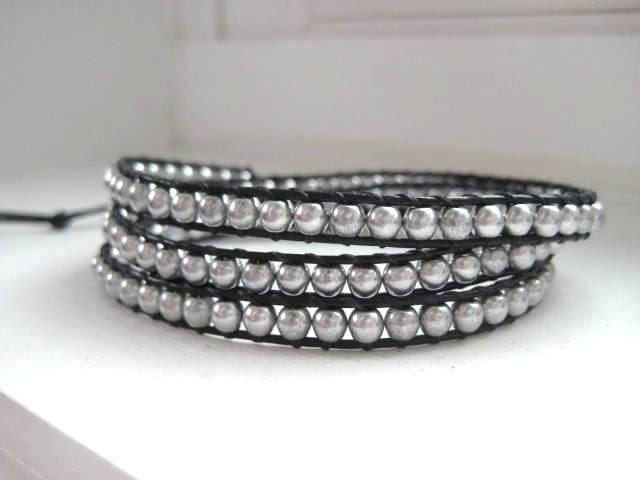 Phoebe Moon Goddess Bracelet - Silver Czech Glass Beaded Leather Triple Wrap Bracelet Chan Luu Style Silver Button
