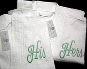His and Hers Embroidered Waffle Weave Robe Set wrap yourself in cotton luxury.
