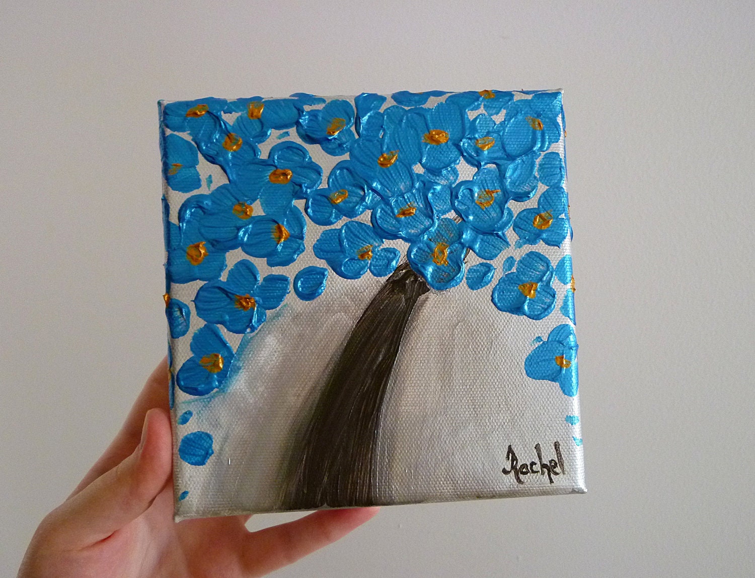 Original Painting Abstract Tree, Modern Art Fantasy Landscape Cherry Blossom Tree, Blue Flowers on Silver, 6x6, Free Shipping