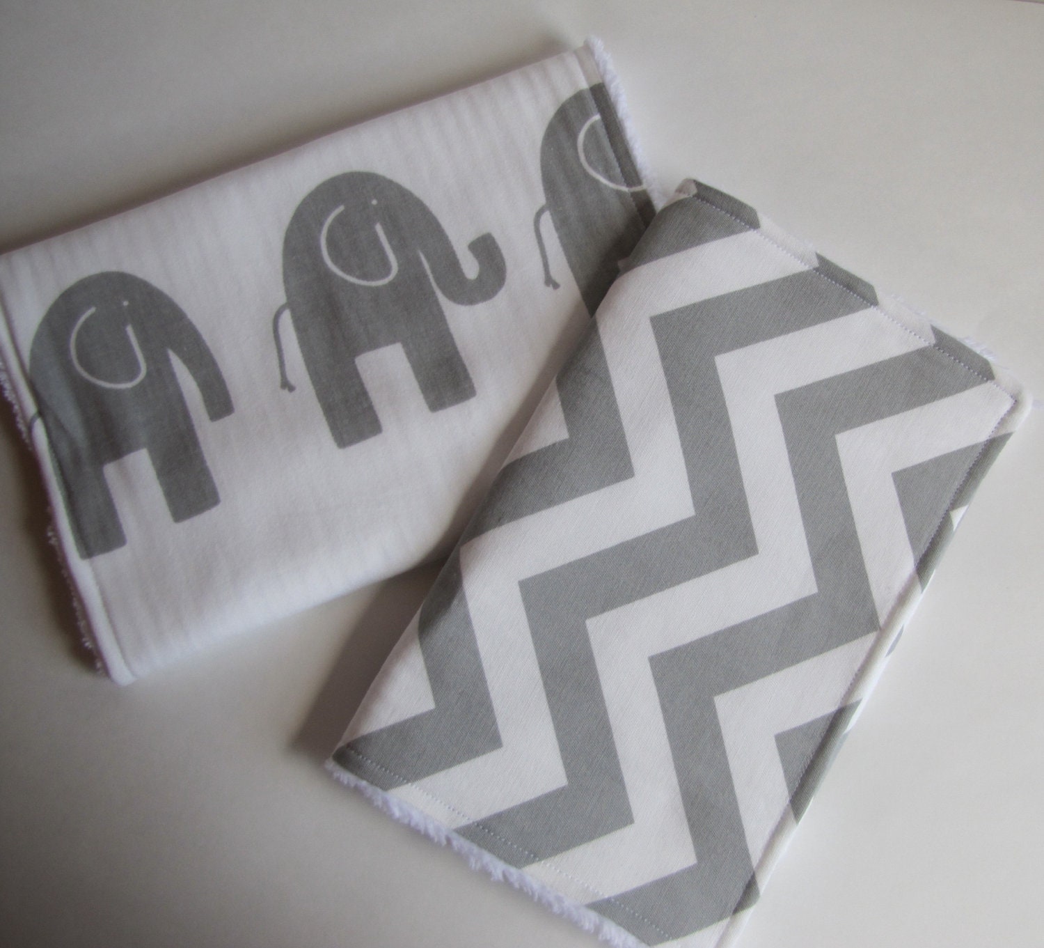 Gender Neutral Burp Cloths-Grey Elephants and Chevron Stripes-Ready To Ship
