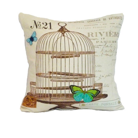 Butterfly pillow cover birdcage throw pillow paris french script 18x18 linen graphic france decor