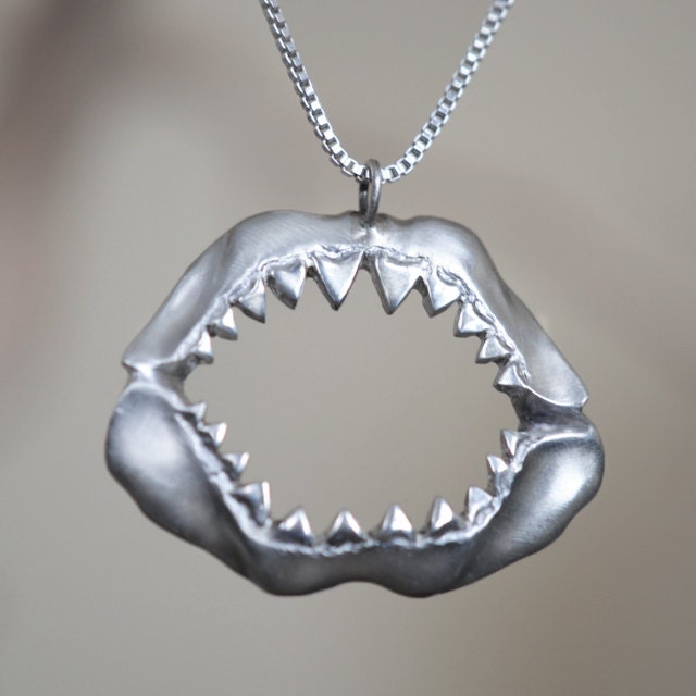 Shark Jaw Necklace, Sterling Silver, Handcrafted, Shark Week, Jaws, Skull, Great White, Unisex, Shorter Chain. - LUCIUSjewelry