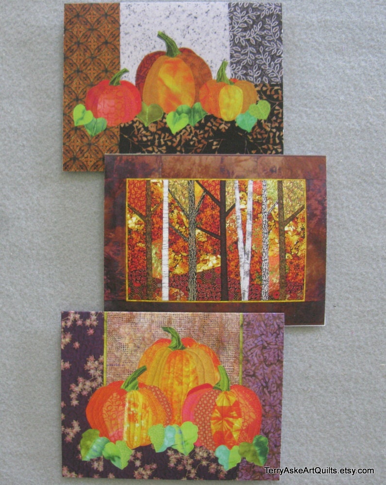 Art Quilt Note Cards - Set of 3 - Fall Autumn Harvest Theme - by TerryAskeArtQuilts