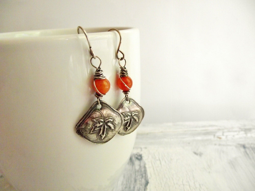 Leaf Dangle Earrings Orange Jade Fine Silver Earrings Metal Clay