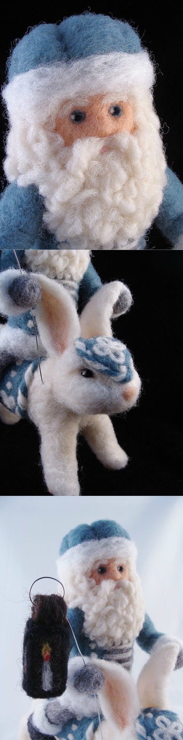 Christmas Needle Felted Animal and Santa Claus Decoration - One-of-a-kind Rabbit and Father Christmas Needle Felted Soft Sculpture
