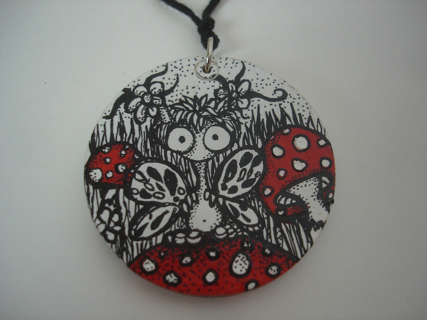 Original Mushroom Pen and Ink Art necklace charm pointillism Mushrooms by Kelly Green