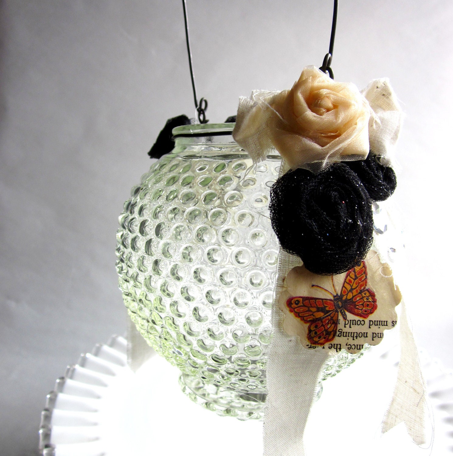 Vintage Glass Hanging Candle Holder with Black and Peach Rosettes