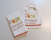 Babies, Airplane Appllque, Bib and Burpcloth Set, Personalized, Stripe Fabric,