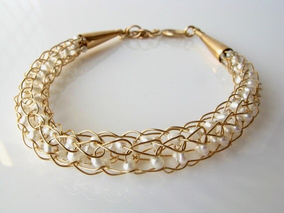 Gold wire crochet bracelet pearls bridal on Etsy