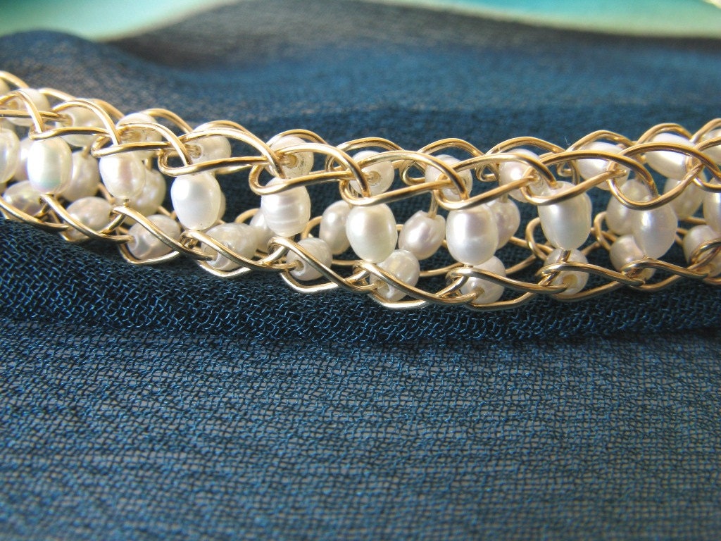 Gold wire crochet bracelet pearls bridal on Etsy