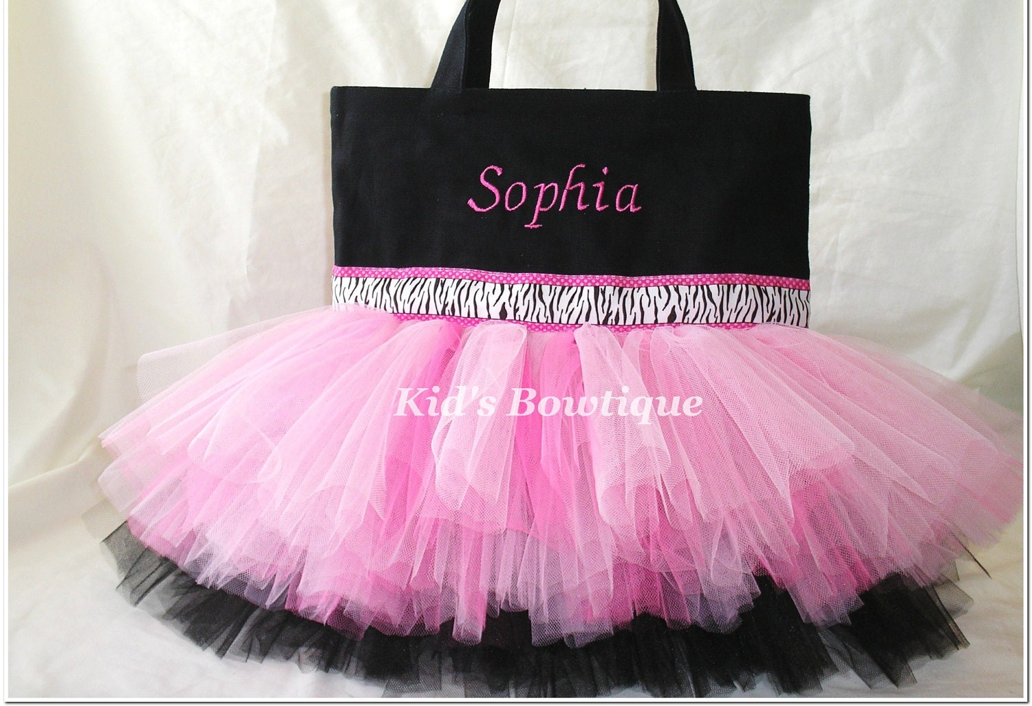 Monogrammed Tutu Bag - Pink and Black Zebra Ribbon Trim Personalized Tutu Tote Bag