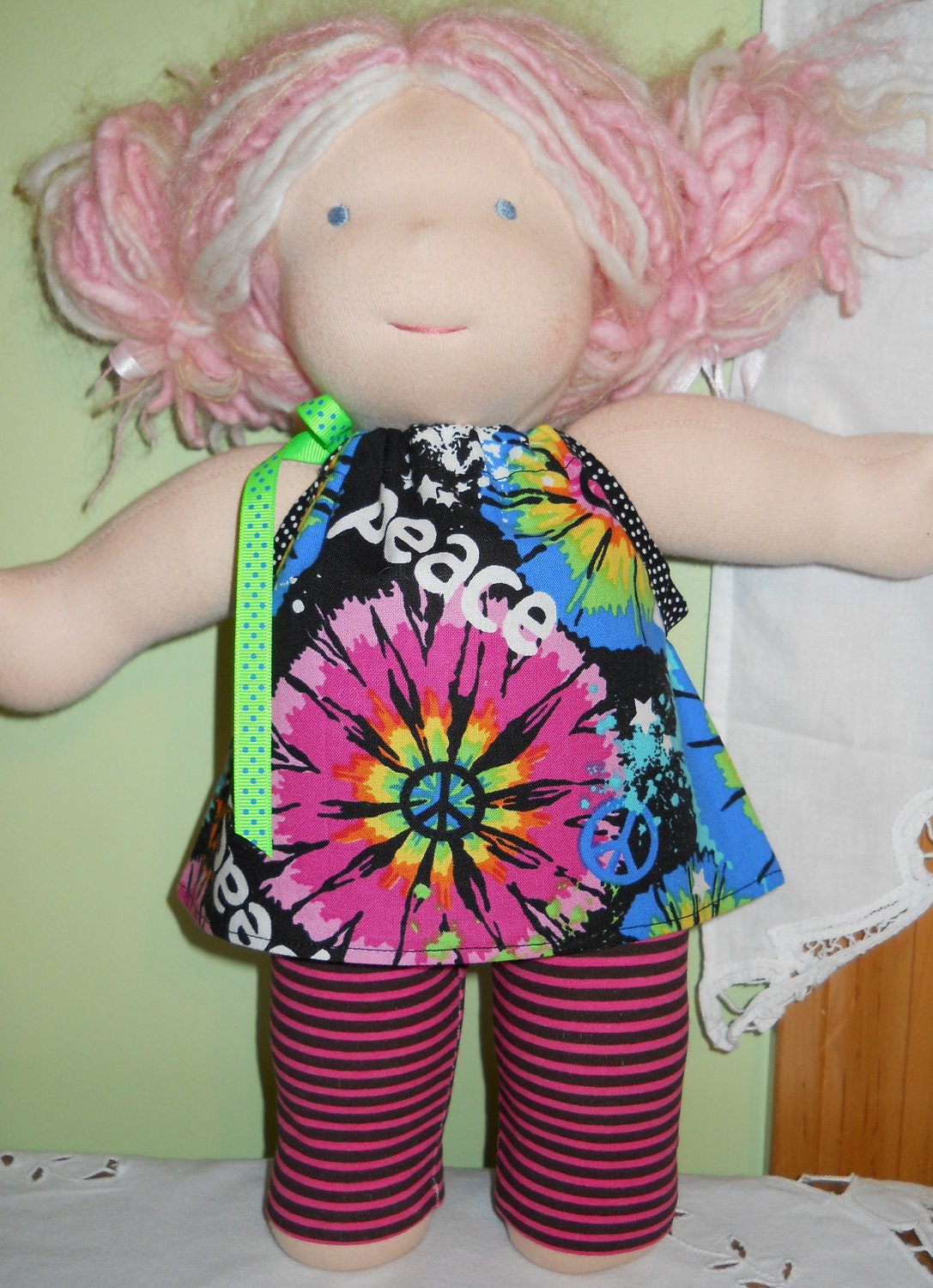 Tie Dye Pillowcase Top and Hot Pink Striped Leggings Set - Waldorf Doll Clothes -15 Inch Bambo Size - G