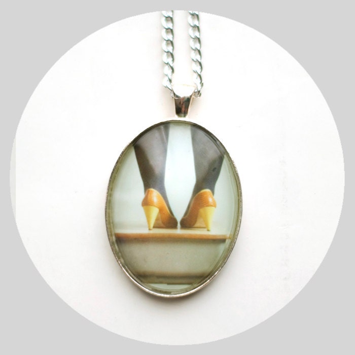 Vintage Shoes Pin Up Pendant--Yellow Blue Retro Portrait Photo Necklace