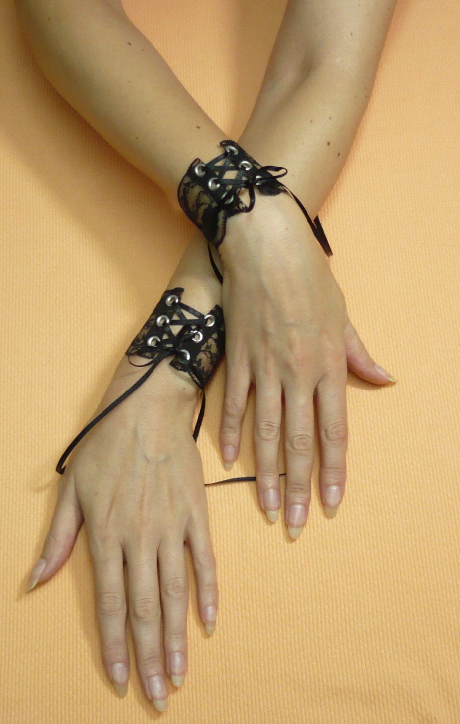 Black Lace Cuffs, Romantic Goth Wristlets with Corset Closure, Dark Wedding Gauntelts, Tribal Belly Dance, Cabaret