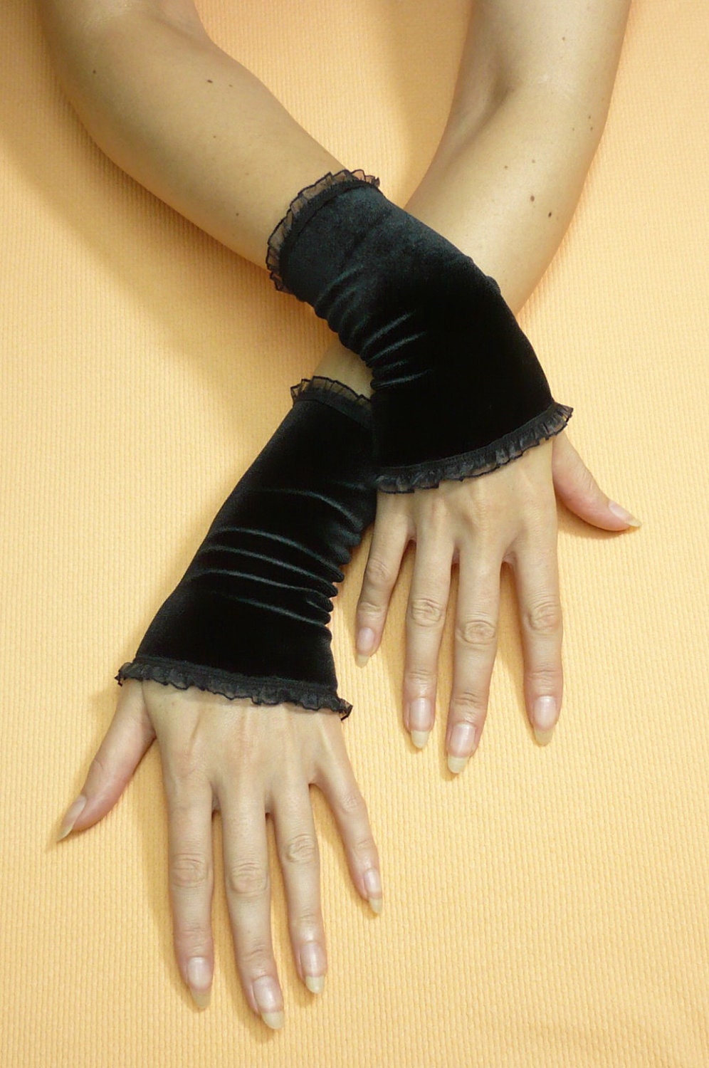 Black Velvet Cuffs, Short Gothic Armwarmers, Romantic Mystery Wristlets with Organza, Victorian Goth, Lolita, Boheme