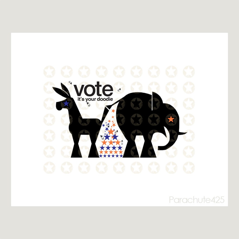 VOTE, 5x7 digital print of humorous political satire, republican, democrat, donkey, elephant, election