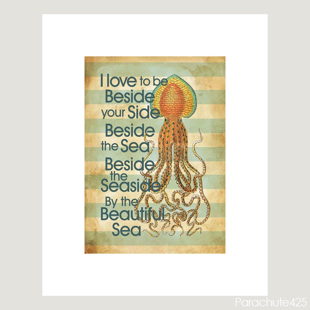 By The Sea, 5x7 digital print, summer, sea, squid, beach home decor, typography