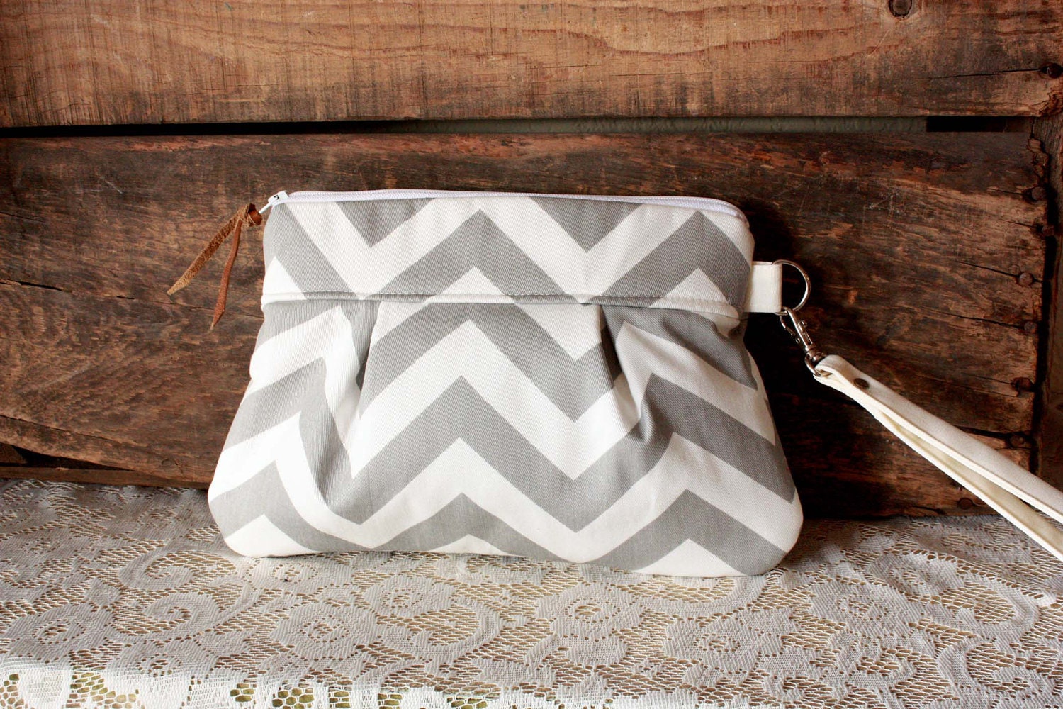 Pleated Chevron Wristlet/ Pouch/ Clutch// Nautical stripe / Grey/White color--MADE TO ORDER--