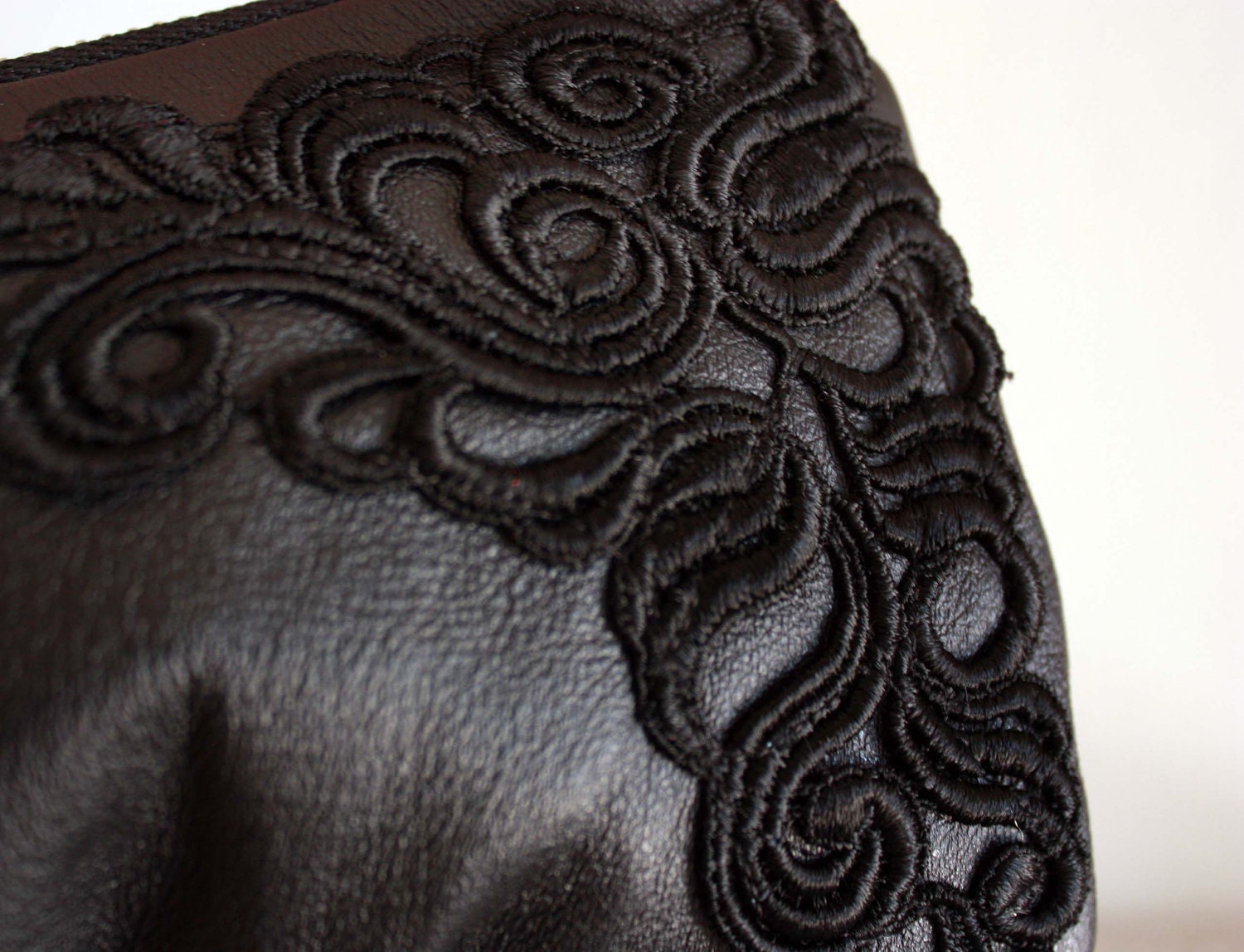Elsa Bagette style wristlet/ pouch/ makeup bag in Upcycled Leather & Lace- Ready to Ship--Save 10% w/ Code SAVE10