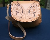Hand tooled leather Pioneer shoulder strap handbag