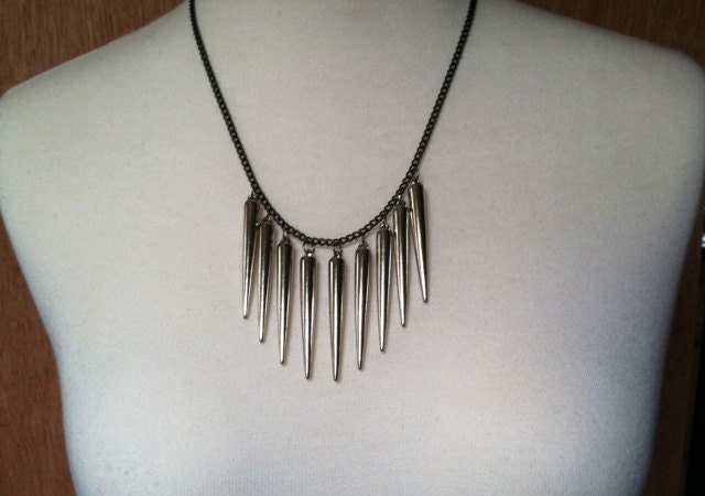 silver 2" spike black chain necklace