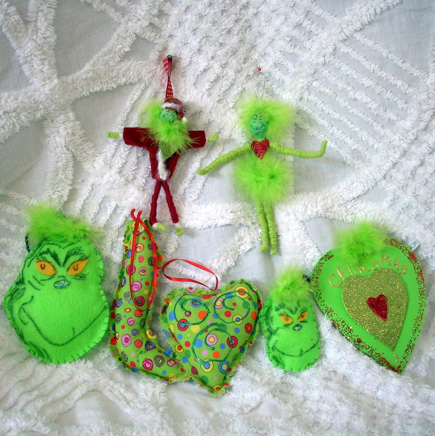 Grinch Christmas Ornaments Handmade Set of 7 Grinchmas Hand sculpted Lime Green Red Collection Home Decor