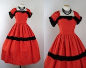 1950s Dress - Vintage 50s Dress Red Black Taffeta Full Skirt Designer Couture Cocktail Party M - Devil Doll