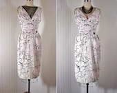 1950s Dress - Vintage 50s Pink Black White Roses  Mad Men Cocktail Dress XS - Fishnet Flirt