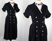 1940s Dress - Vintage 40s Sailor Navy Two Tone Rayon Bust Shelf Swing Nautical Novelty Eagle Anchor Buttons L - Aye Aye