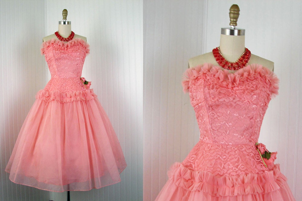 1950s Dress - Vintage 50s French Dress Couture Full Skirt Strapless Wedding Party Prom Dress - Fleur de Corail - The French Collection