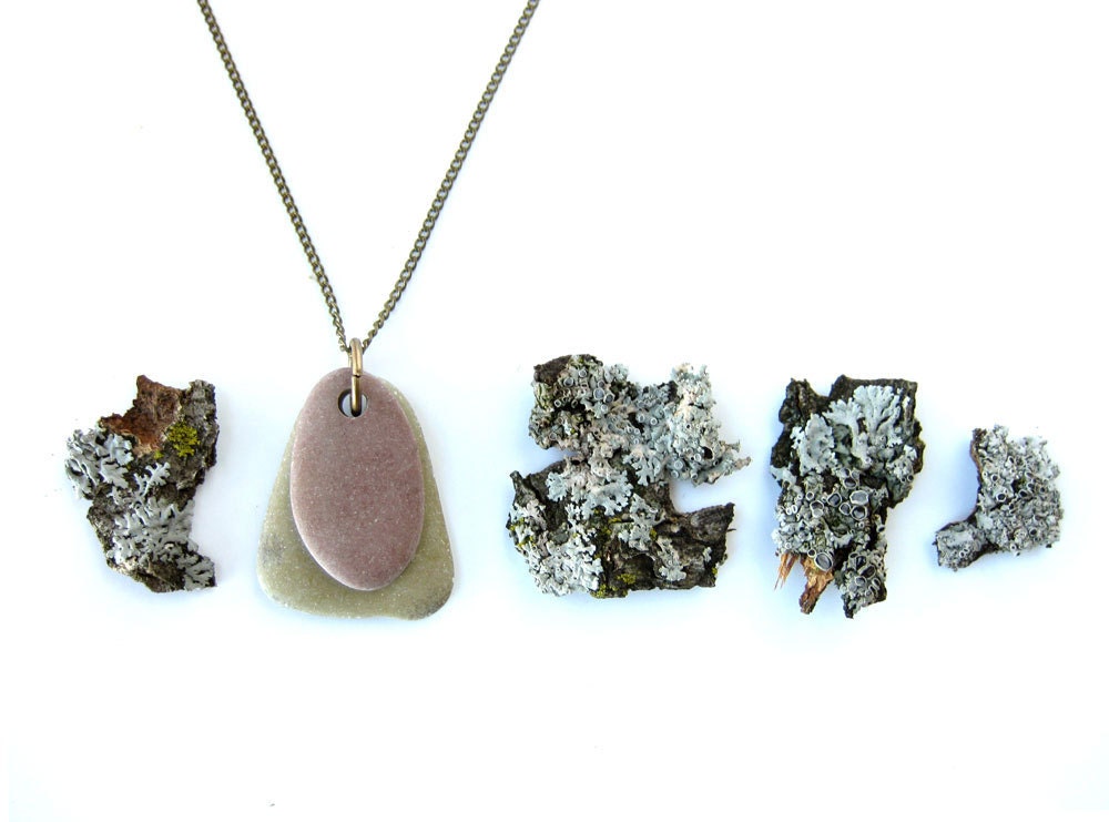 Natural Jewelry - River rock necklace handmade from natural, undyed stone. "Lilac Purple on Green Zen Stone Necklace" 1432