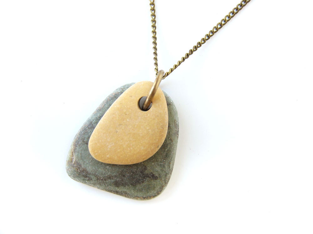 River Rock Jewelry - Natural stone necklace handmade. "Yellow on Green Zen Stone Necklace" 1431