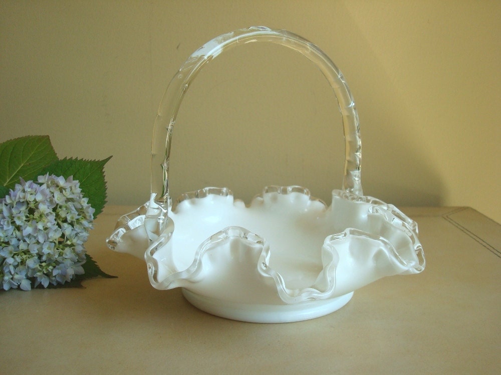 Fenton Silver Crest Basket, 1950s crystal milk glass