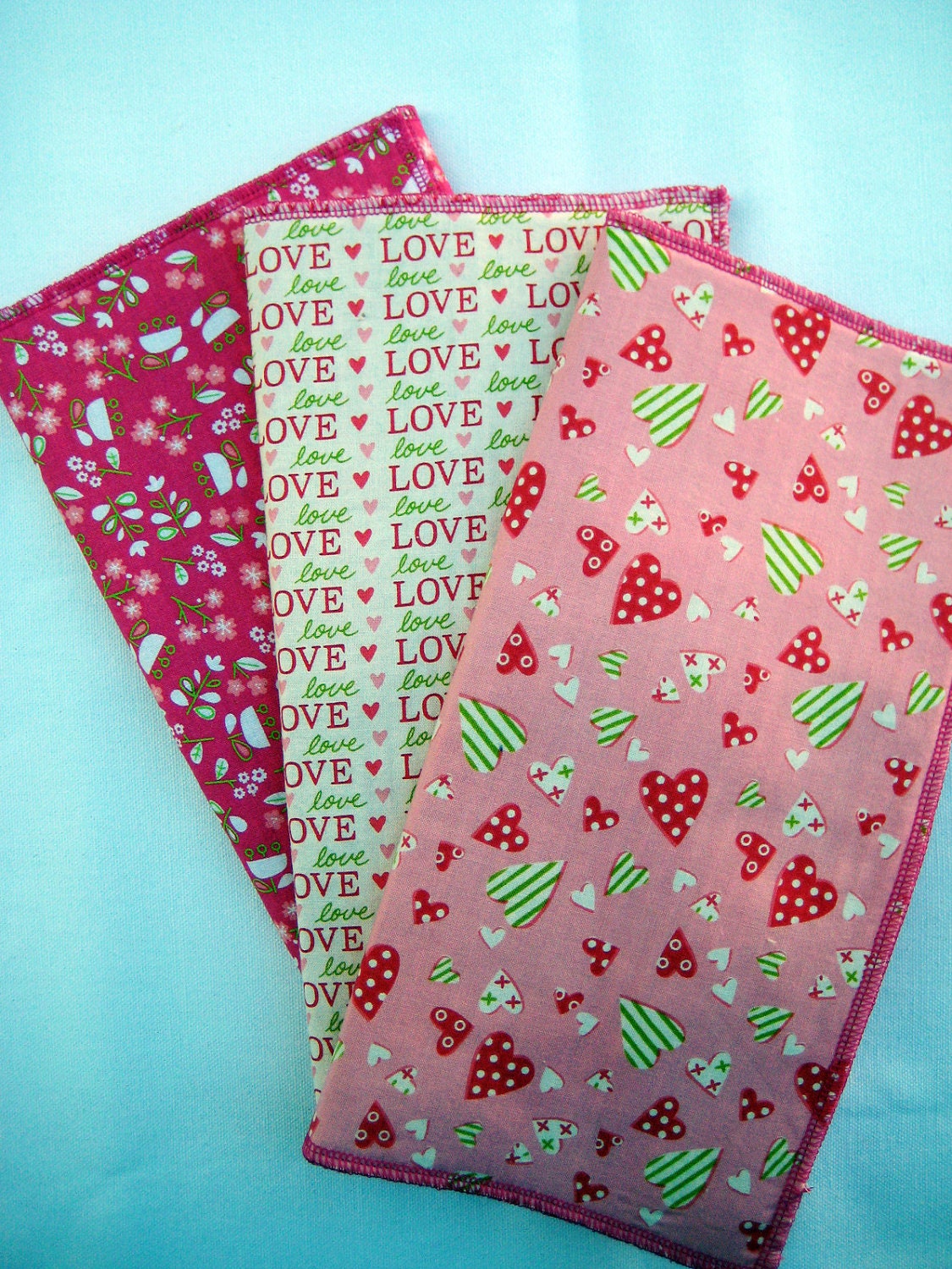 Burp cloth, set of 3, pink and green hearts, ready to ship, RTS