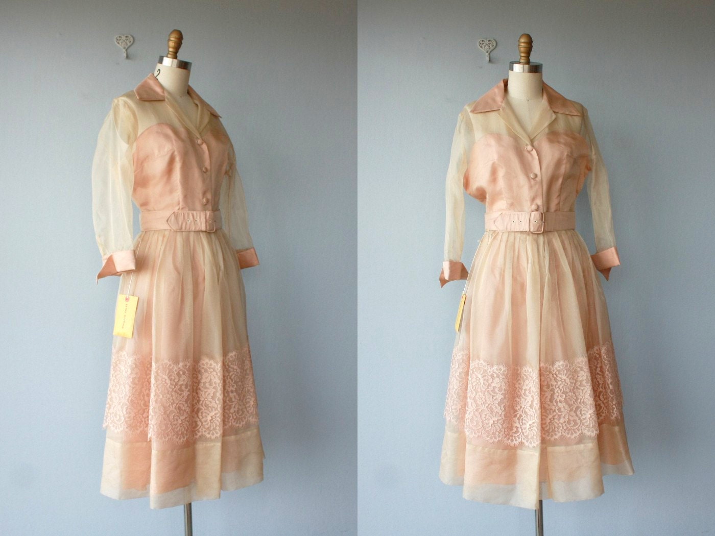 1950s dress / 50s dress / party dress / champagne blush illusion full skirt / 50s cocktail dress - size medium