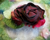 Hair Clip, Burgundy  Ribbon Rose