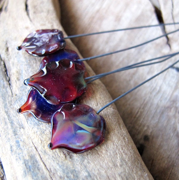 Multi Color Leaf Headpins - Lampwork  Glass Leaves for Earrings, Necklase, Charms, Pendant -Jewelry Supplies - 6 pieces