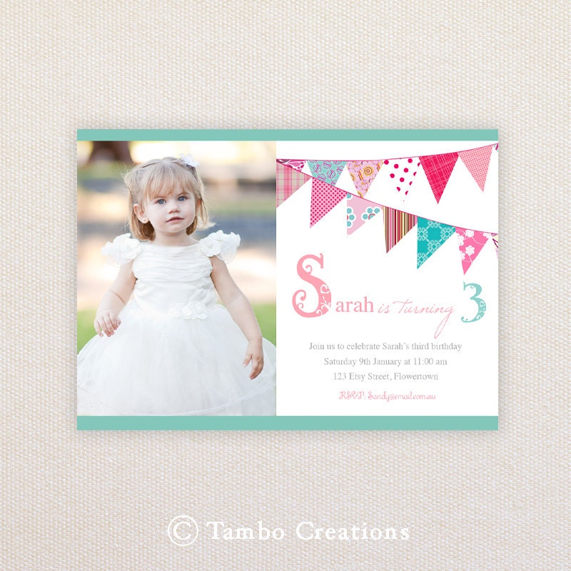 Photo Birthday Party Invitations. Sweet Fabric Bunting Design. I Customize, You Print. Il_570xn