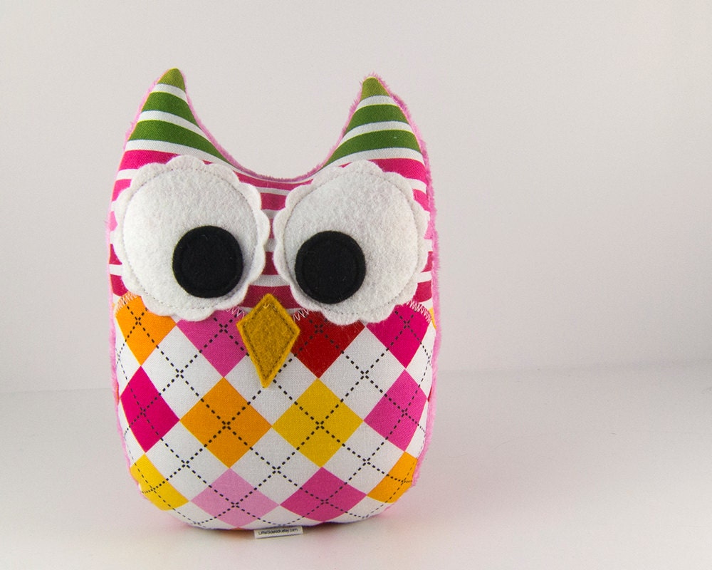 Stuffed Animal Plush Owl Toy Minky Pink Yellow Orange Stripe Argyle