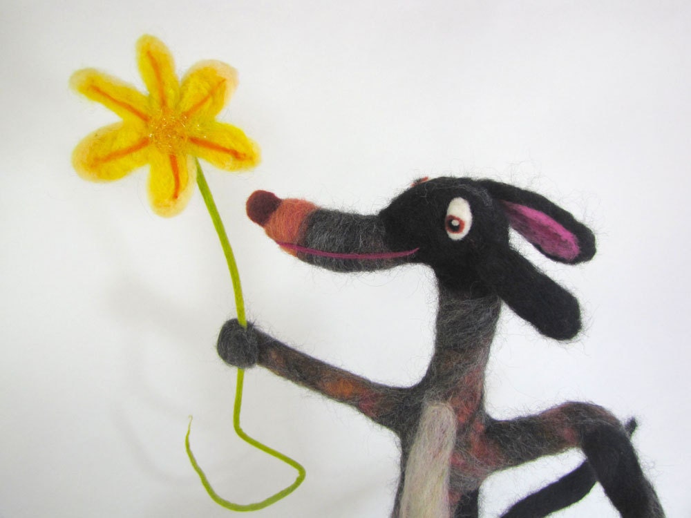 Joy of Dog with Flower Felted Soft Sculpture