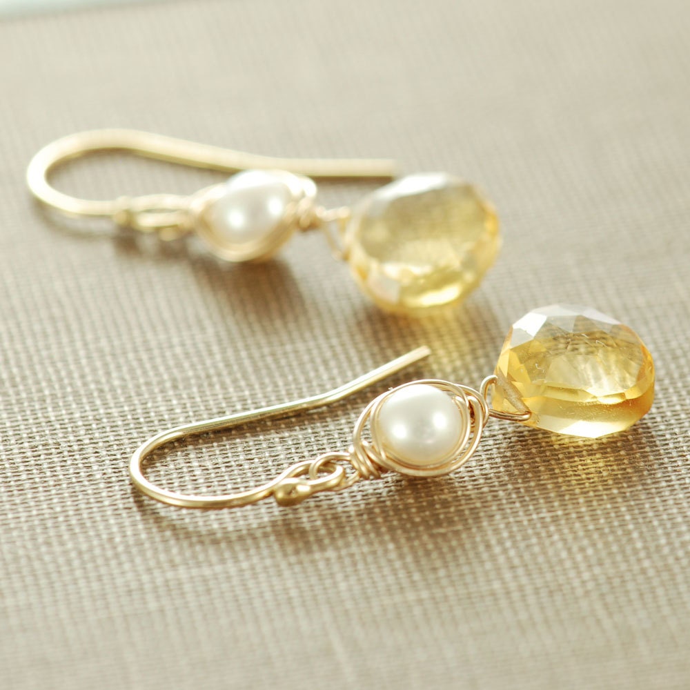 Citrine Pearl Earrings, November Birthstone Jewelry, Gold Gemstone Dangle Earrings, Summer Fashion, aubepine