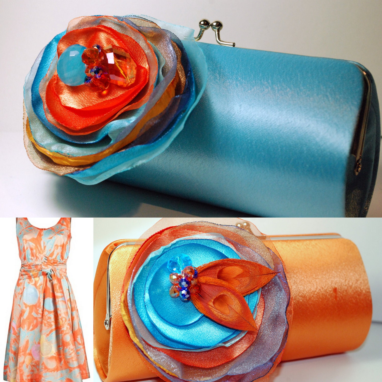 Bridesmaid Accessories - Bridesmaid Clutch - Maid of Honor Gifts - Cutsom Clutch - Orange and Turquoise