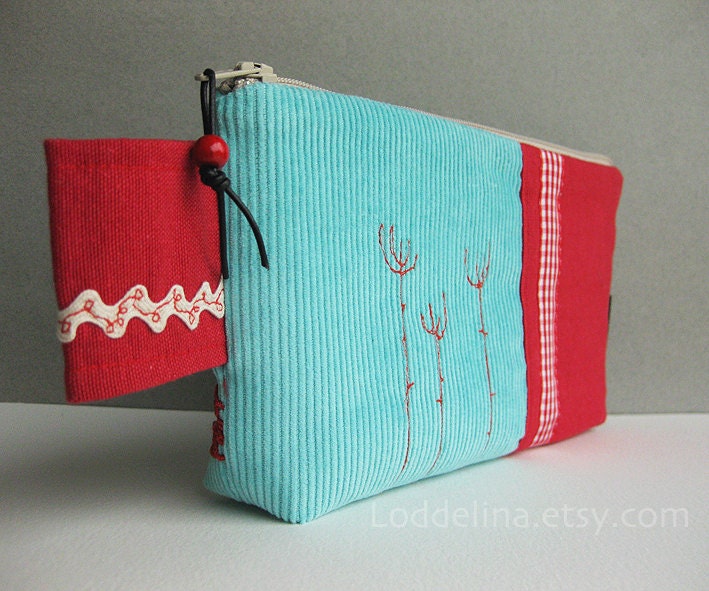 Embroidered pouch in teal corduroy and cherry red canvas with lace and trims