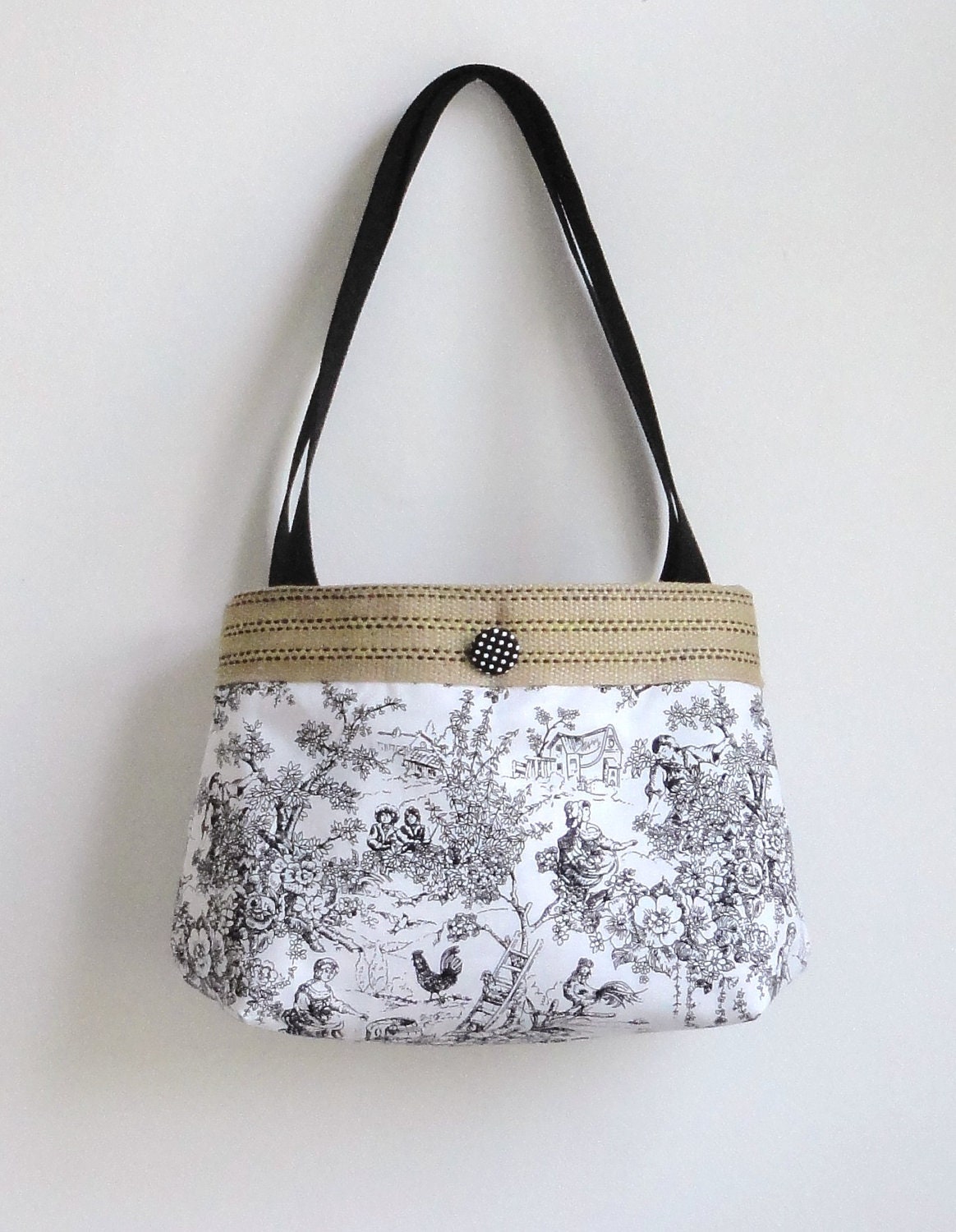 Handbag PurseFrench toile white/black hobo bag with burlap Everyday bag