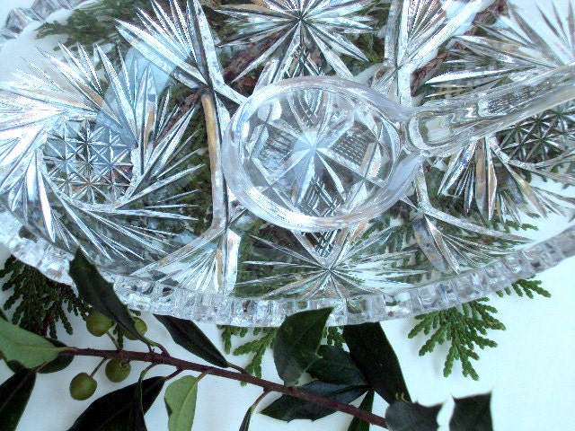 Vintage McKee Prescut Relish, 1916 Aztec Sunburst Pattern with Sawtooth Edge, Relish Dish with Glass Spoon  I TAKE CREDIT CARDS
