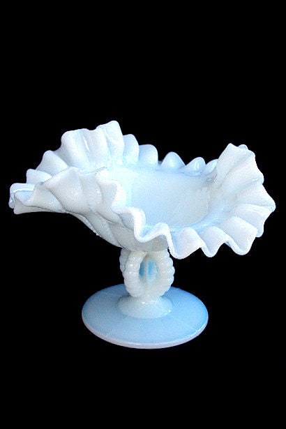Vintage Vallerysthal Portieux Compote, White Opaline Glass, beaded panel, Ruffled Fluted Edge, France, Art Glass RESERVE for Kathy